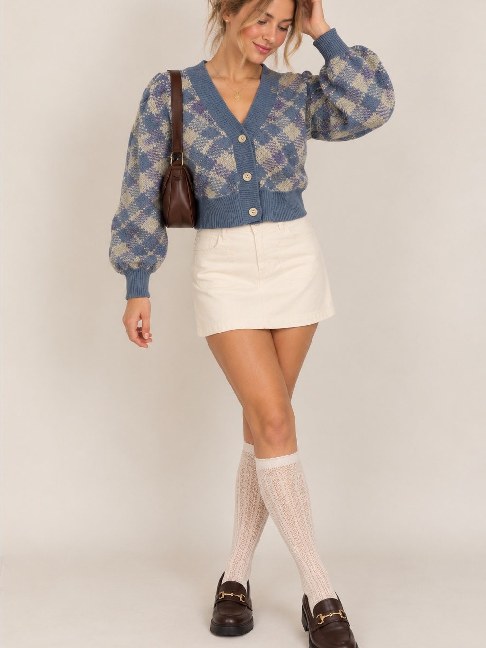 Evolutionary Blue Plaid Cropped Cardigan Puff Sleeve Sweater Size M